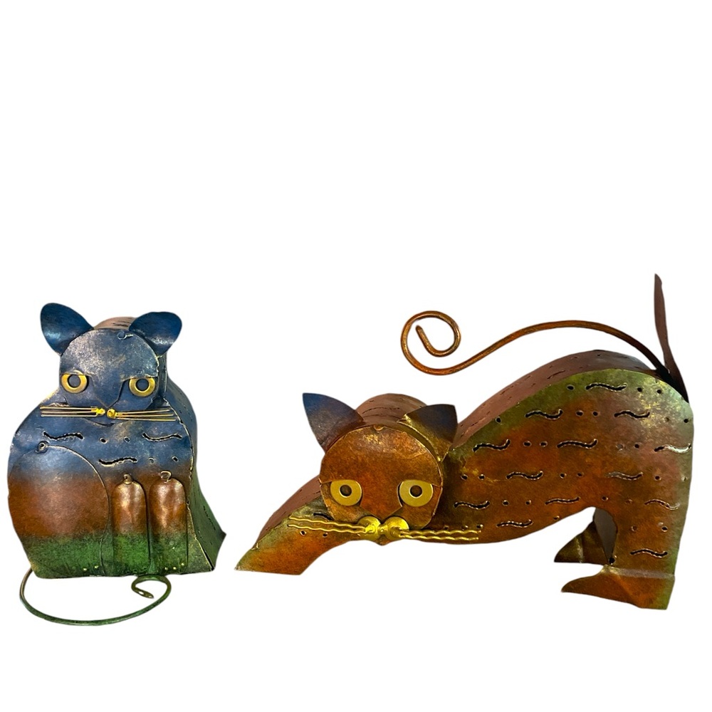 Vintage Set of Two Primitive Metal Cutout Cat Tealight Holders